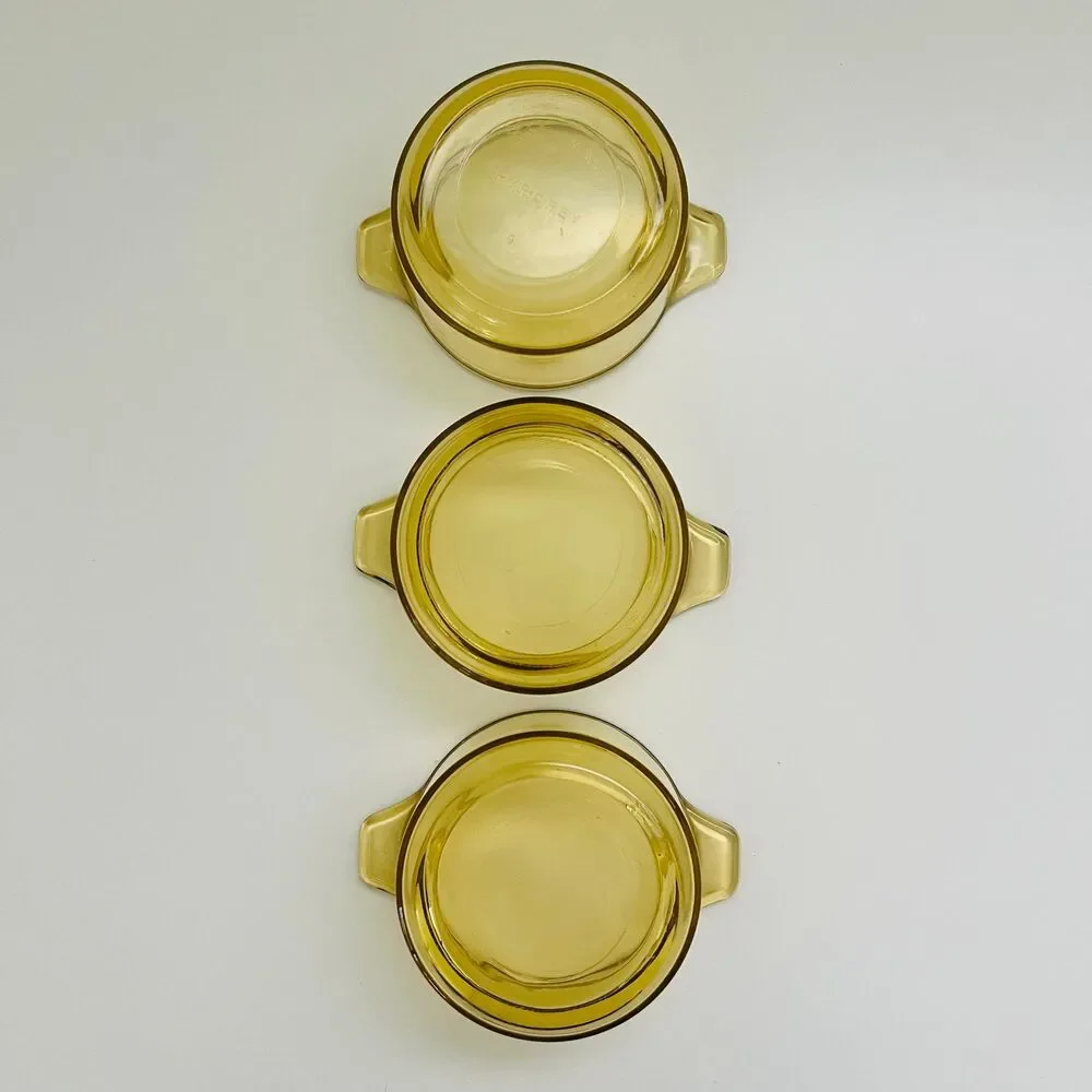 DYNAWARE PYR-O-REY Amber Yellow Glass Small Casserole Dishes With Lids, Set of 3